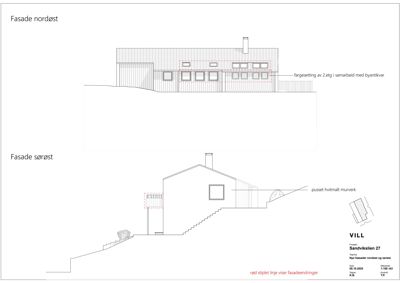 Fasadetegning som viser oppriss av bygningens nordøst- og sørøstside med detaljer om vinduer, tak og terreng.