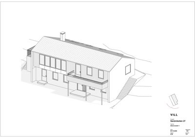 Fasadetegning som viser bygningens utseende fra en vinkel, inkludert takform, vinduer, balkonger og trapper.