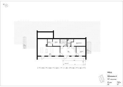 Etasjeplan (1. etasje) for en villa, som viser romfordeling, dører, vinduer og mål.