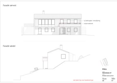 Fasadetegning som viser oppriss av bygningen sett fra sørvest og sørøst, inkludert detaljer om vinduer, balkonger og trapper.