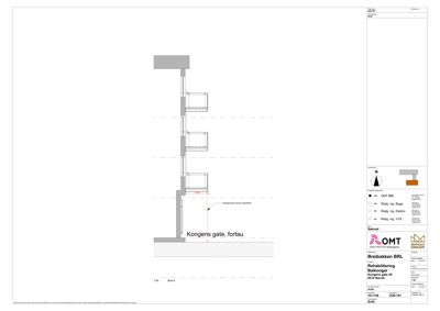 Fasadetegning som viser oppriss av en bygning sett fra siden (fra Kongens gate), med balkonger og etasjer.
