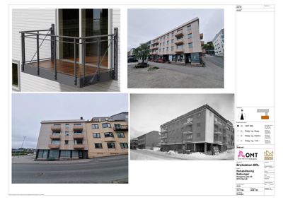 Et sammensatt bilde (collage) som viser en bygning (Breibakken BRL) fra flere vinkler, inkludert en 3D-modell av en balkong, samt historiske og daglige bilder av fasaden og omgivelsene.