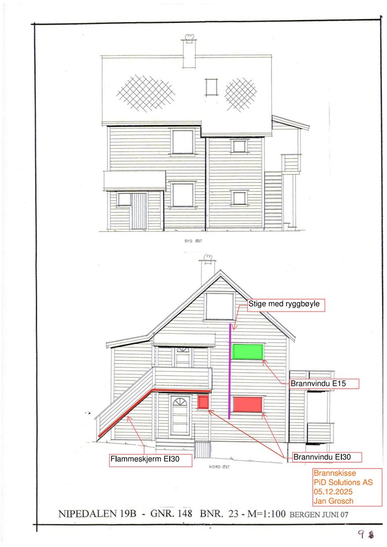 Bildet viser to fasadetegninger av en bolig (SØD og NORD), med merking av brannsikringselementer som brannvinduer og flammeskjerm.