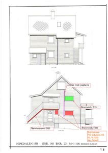 Bildet viser to fasadetegninger av en bolig (SØD og NORD), med merking av brannsikringselementer som brannvinduer og flammeskjerm.