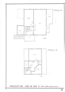 Plantegning som viser romfordeling for 2. etasje og loft i en bolig (Nipedaalen 19B).