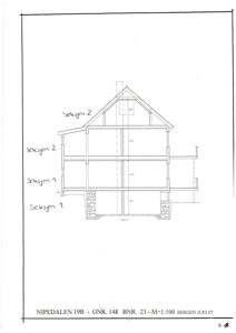 Snittegning av en bygning som viser konstruksjonen, høyder og etasjer.
