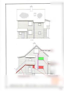 Bildet viser to fasadetegninger av en bolig (SØD og NORD), med merking av brannsikringselementer som brannvinduer og flammeskjerm.