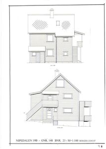 Fasadetegning som viser bygningens utsyn mot syd-øst og nord-øst.
