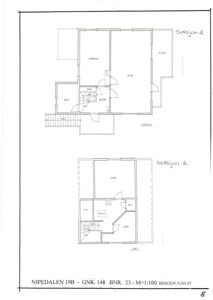Plantegning som viser romfordeling for Seksjon 2 på 2. etasje og loftet i en bygning.
