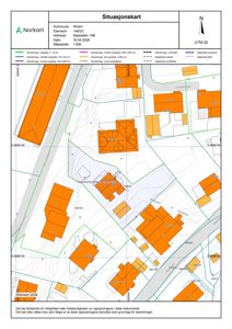 Situasjonskart som viser eiendomsgranser, naboeiendommer, vegnett og topografi for eiendommen Nipedalen 19B i Bergen.