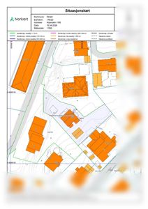 Situasjonskart som viser eiendomsgranser, naboeiendommer, vegnett og topografi for eiendommen Nipedalen 19B i Bergen.