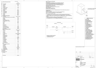Teknisk detaljtegning som viser en ventilasjonsanlegg (kone) med spesifikasjoner, dimensjoner og installasjonsdetaljer.