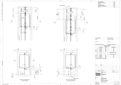 Tegning som viser detaljerte dimensjoner og konstruksjon for en heiseanlegg (kone), inkludert stålkonstruksjon, dimensjoneringsdata og tekniske spesifikasjoner.
