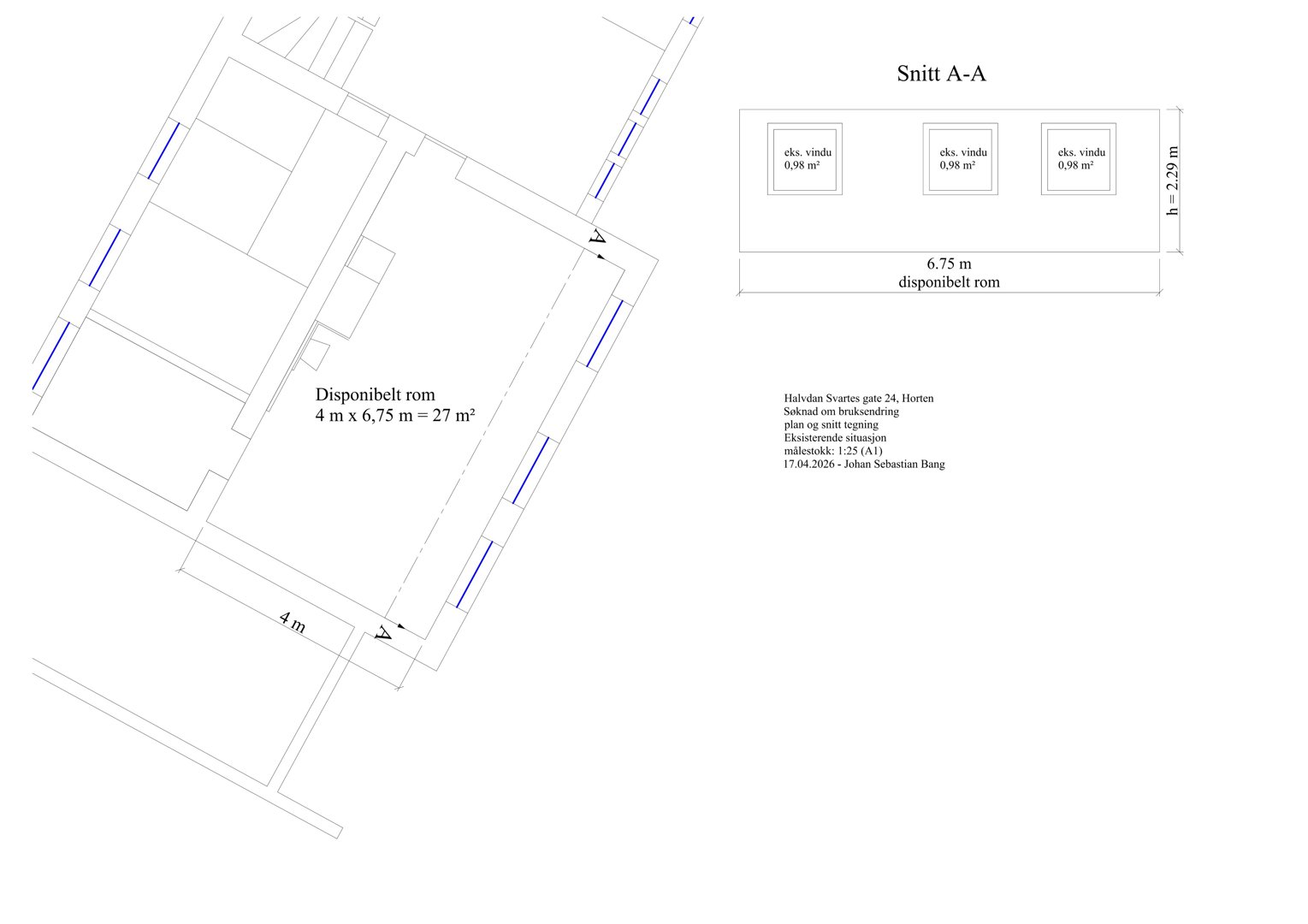 Snittegning (Snitt A-A) som viser tverrsnittet av et rom med angitte mål og vindusdimensjoner.
