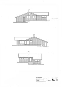 Fasadetegning som viser bygningens utsyn fra tre ulike vinkler (for, side og bak).