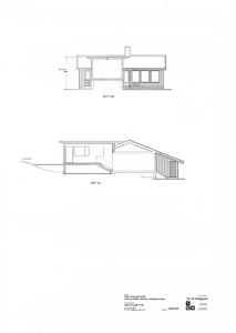 Tegning som viser tverrsnitt gjennom en bygning (SNITT AA og SNITT BB), inkludert høyder, trapp og takform.