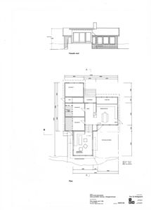 Bildet viser en fasadetegning (vest) og en etasjeplan (Plan) for en bolig, med romnavn og mål.