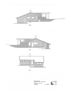 Fasadetegning som viser bygningens utseende fra tre sider: Nord, Sør og Øst.