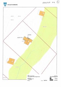 Situasjonsplan som viser tomtens grenser, topografi (konturlinjer), eksisterende bygninger og planlagt plassering av nybygning.