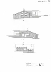 Fasadetegning som viser bygningens utseende fra nord, sør og øst med mål og detaljer.
