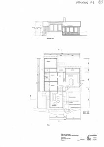 Bildet viser en tegning med etasjeplan (merket 'Plan') og en fasadetegning (merket 'Fasade vest').