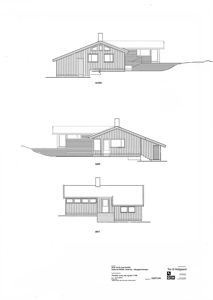 Fasadetegning som viser bygningens utsyn fra nord, sør og øst.