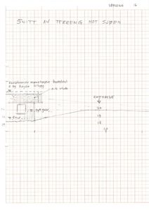 Snittegning som viser tverrsnitt av terreng mot sjøen, inkludert eksisterende og ny hoveddel, vindu, gulv og kotehøyder.