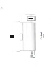 Fasadetegning som viser bygningens utside med vinduer, dører og fasadepaneler.