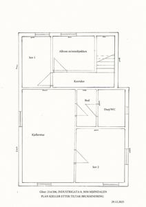 Etasjeplan for kjelleretasje etter tiltak bruksendring, med rombetegnelser og mål.