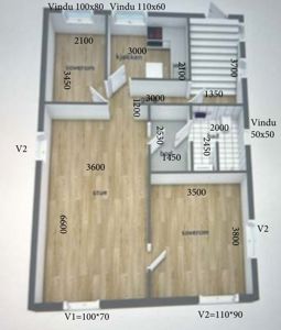 Etasjeplan med romfordeling (stue, soverom, kjøkken), vindusdimensjoner og mål på vegger og rom.