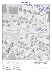 Kart over et område med bygninger, veier (Industigata, Drammensveien) og flomutsatt områder (Flomsport, Lavpunkt, Elv og vann).