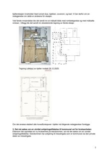 Bildet viser en side fra en byggesak som inneholder tekst om kjelleretasje og flere innlagte tegninger. Tegningene viser romfordeling, dimensjoner og plassering av dører/vinduer for etasjen.
