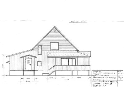 Fasadetegning av bygning sett fra vest med mål og detaljer