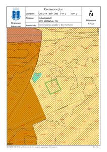 Kommuneplan (situasjonsplan) for eiendommen på Industrigata 8 i Drammen, som viser arealdelinger og eiendomsnummer.