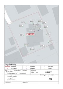 Situasjonsplan som viser tomtegrenser, innmålte høyder og bygningsplassering.
