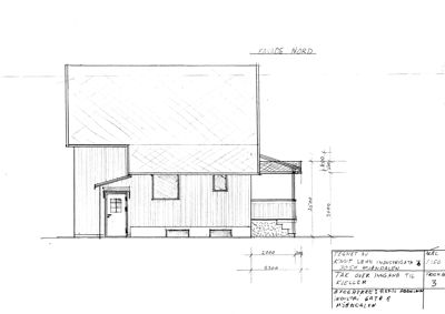 Fasadetegning (Fasade Nord) av en bygning med mål og beskrivelse av takovergang.
