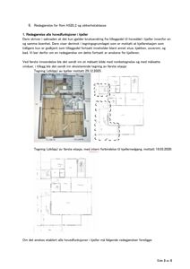 Bildet viser en side fra en byggesak som inneholder en tekstlig redegjørelse og tre innlagte tegninger. De to øverste tegningene er etasjeplaner (eller snittplaner) for kjeller og første etasje, mens den nederste tegningen er en plan for første etasje med intern forbindelse til kjellergang.