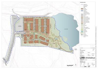 Situasjonsplan som viser tomtens grenser, eksisterende og planlagt bebyggelse, veier, vann og vegetasjon.
