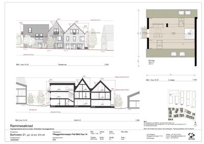 Fasadetegning med snittegning og situasjonsplan for en bygning