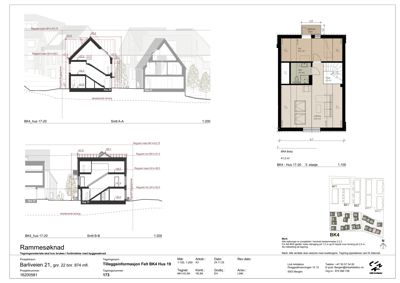 Snittegning (Snitt A-A og B-B) som viser bygningens tverrsnitt, høyder og romfordeling, samt en situasjonsplan (BK4) og et etasjeplan (BK4 2.etasje).