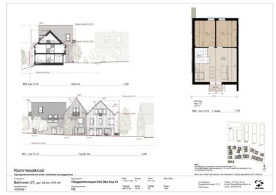 Bildet viser en tegning med fasadeopprikk (oppsett av bygningene sett fra siden) og en situasjonsplan for området.