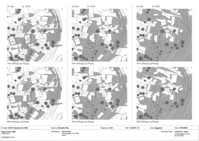 Bildet viser en situasjonsplan med to alternativer for et byggeprosjekt: 'Uten påbyggg og tilbygg' og 'Med påbyggg og tilbygg'. Det illustrerer bygningenes plassering i forhold til terrenget og nabolaget.