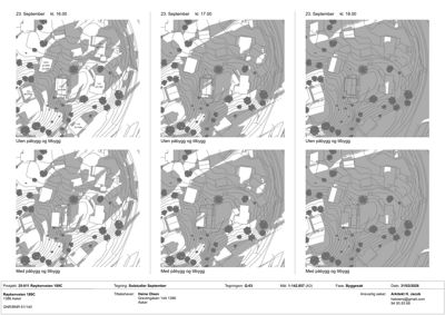 Situasjonsplaner som viser tomtetoppografi, eksisterende og planlagt bebyggelse, samt vindretning. Bildet inneholder også et skjema med prosjektinformasjon.