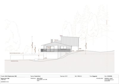 Fasadetegning (Nord) som viser bygningens utseende sett fra nord, inkludert høydeangivelser og terrengforhold.