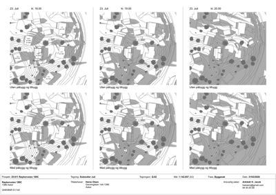 Situasjonsplaner som viser to scenarier for et byggeprosjekt: 'Uten påbygg og tilbygg' og 'Med påbygg og tilbygg'. Planene illustrerer hvordan bygningene og terrenget ser ut i de to tilfellene.