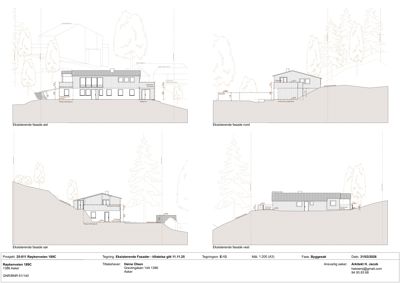 Bildet viser fire tegninger av eksisterende fasader (øst, nord, sør, vest) av en bygning.