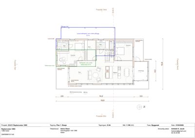 Etasjeplan (1. etasje) som viser romfordeling, mål og fasaderetning.