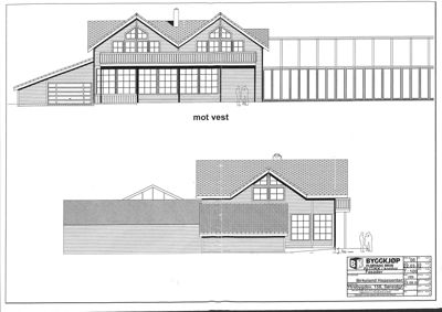 Fasadetegning som viser bygningens utseende sett fra vest (mot vest).