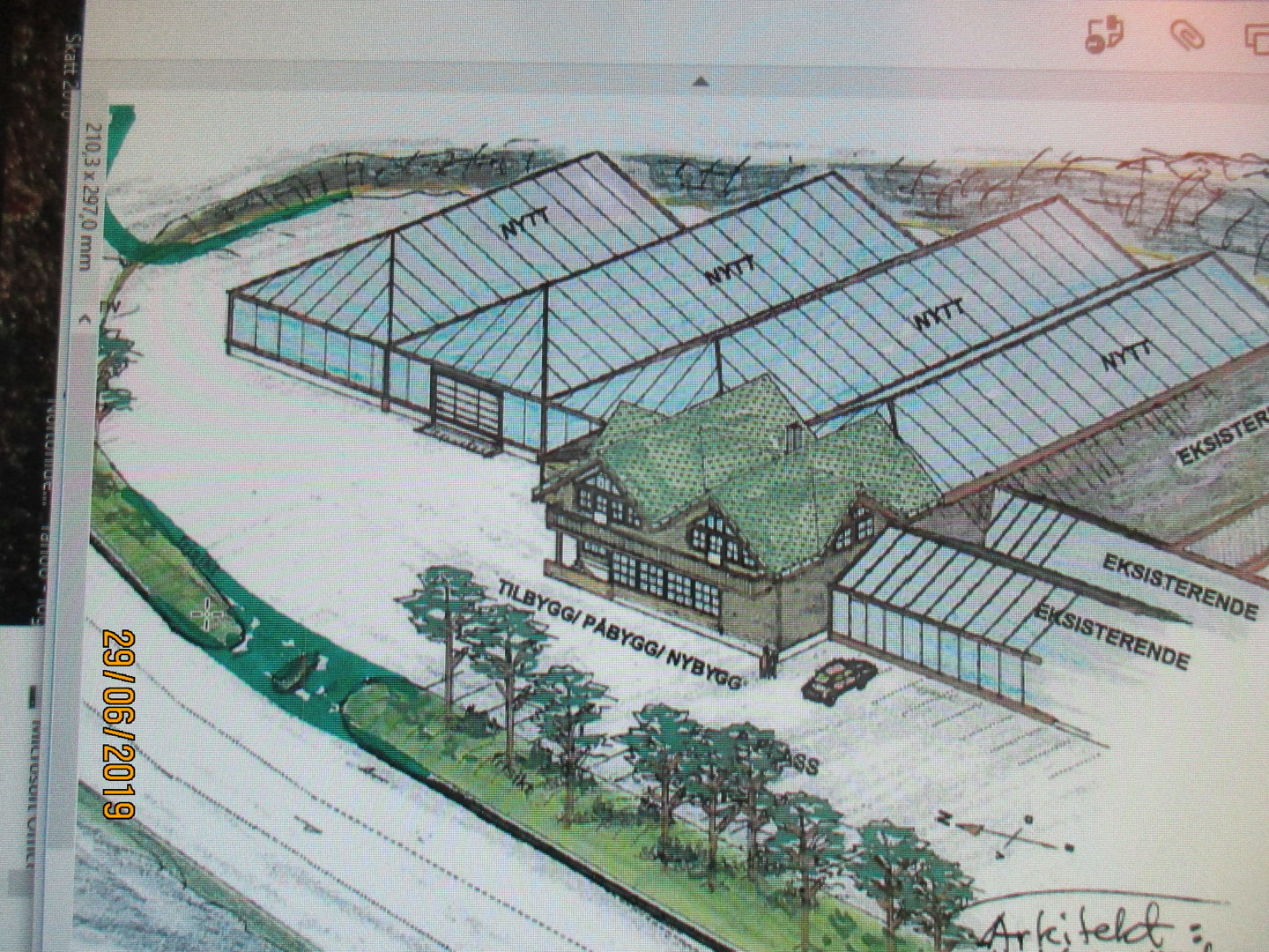 3D-visualisering (rendering) som viser et nytt bygganlegg med eksisterende deler, inkludert omgivelser, veier og vegetasjon.
