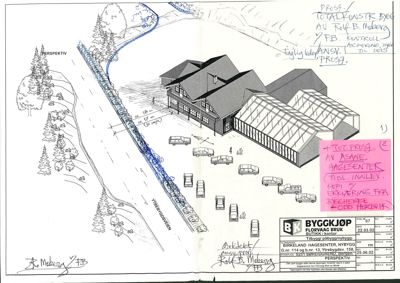 Fotografi av en håndtegnet perspektivtegning (skisse) av et hus med omgivende terreng og beplantning.